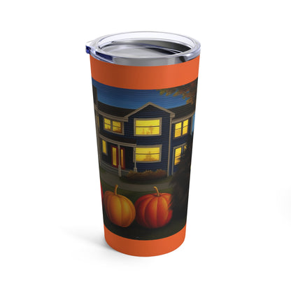 Fall Halloween Black Fluffy Cat With Pumpkins And House Tumbler 20oz