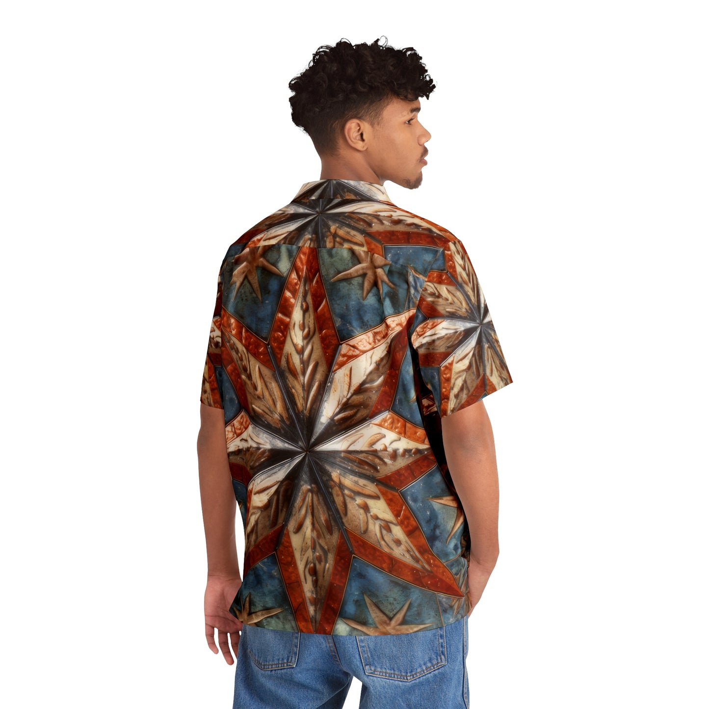 Beautiful Stars Abstract Star Style Orange, White And Blue Men's Hawaiian Shirt (AOP)