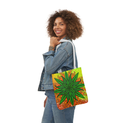 Beautifully Designed Orange, Yellow And Green Marijuana Leave Polyester Canvas Tote Bag (AOP)