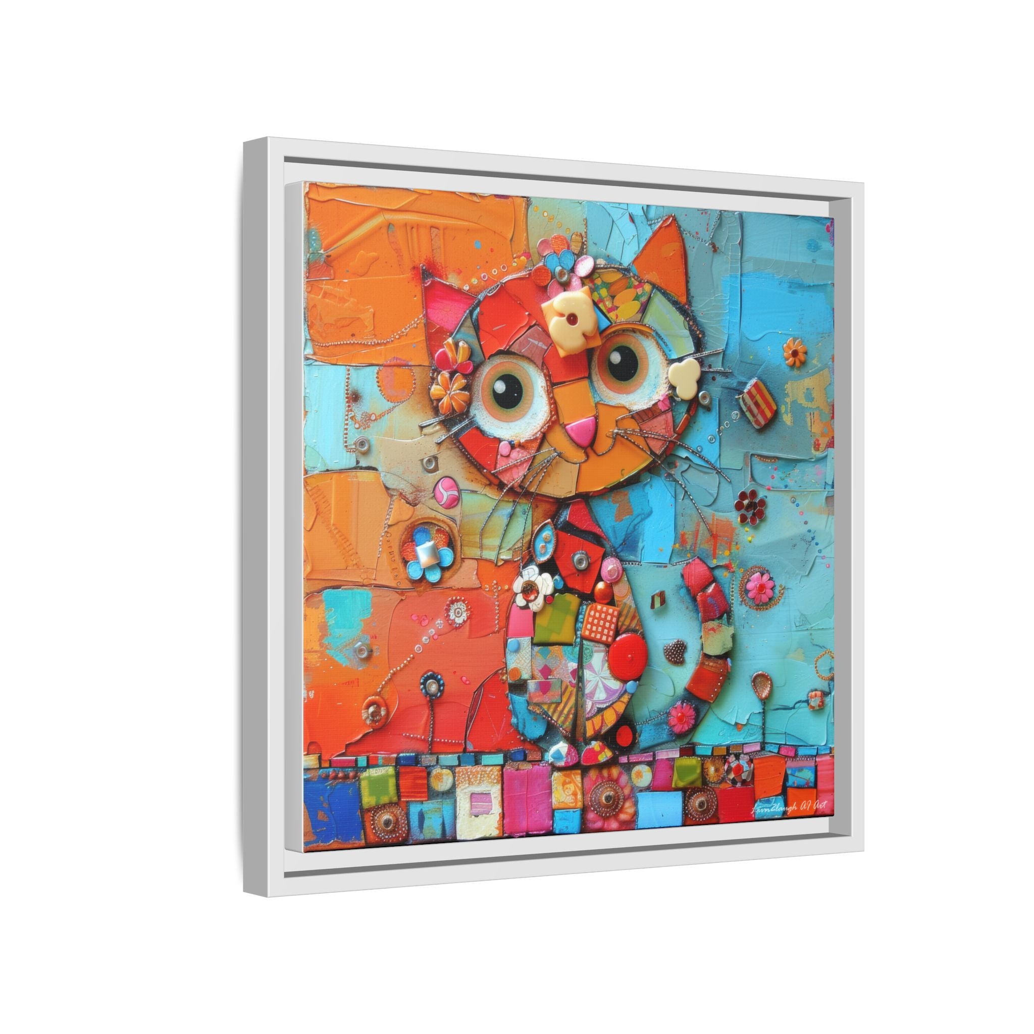 "Whimsical Mosaic Cat", Framed Mosaic Cat Art Print — Colorful Modern Wall Canvas