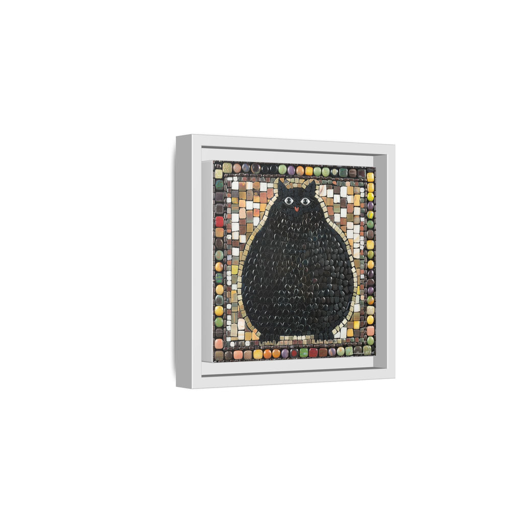 "Playful Black Cat Mosaic", Framed Mosaic Cat Art Print — Colorful Modern Wall Canvas