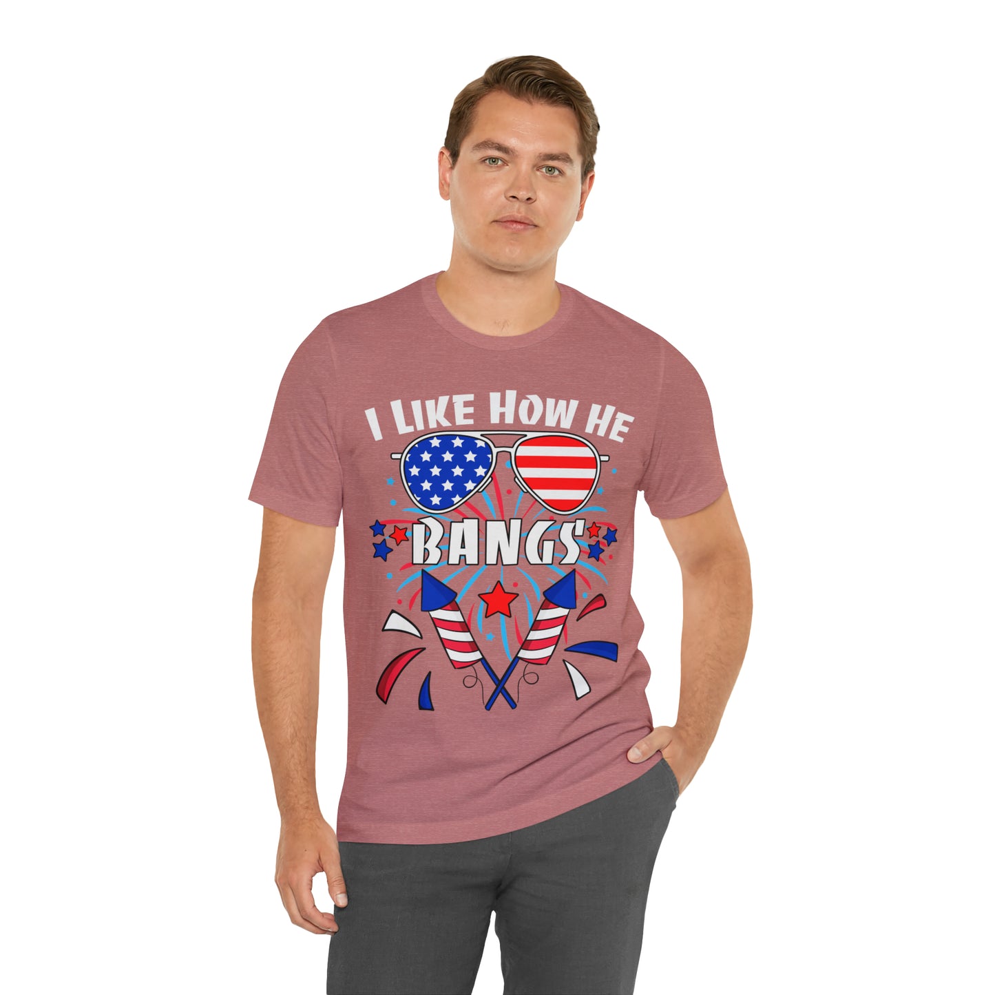 I Like How He Bangs American Flag, Fourth Of July 4th , American Flag Glasses Unisex Jersey Short Sleeve Tee