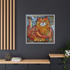 Radiant Whiskers: The Joyful Cat, Framed Mosaic Cat Art Print — Colorful Modern Wall Canvas