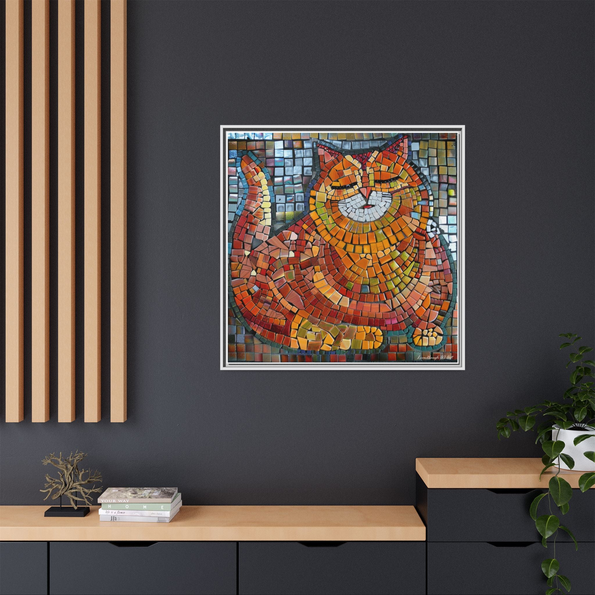 Radiant Whiskers: The Joyful Cat, Framed Mosaic Cat Art Print — Colorful Modern Wall Canvas