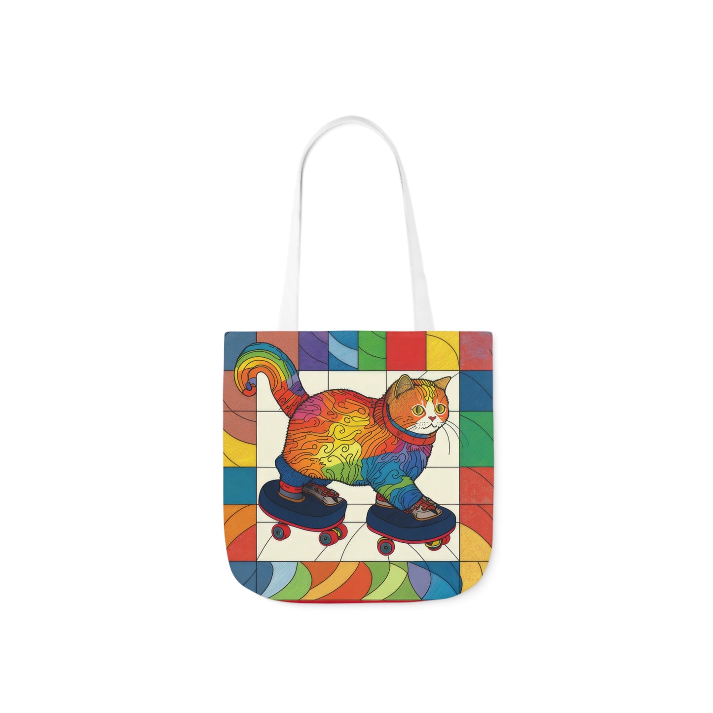 Gorgeous Rainbow Cat Riding A Skate/Skateboard With Rainbow Border Polyester Canvas Tote Bag (AOP)