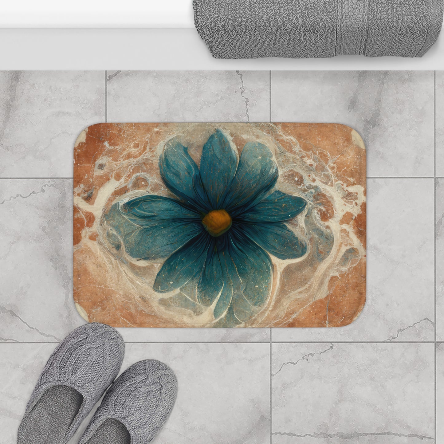 Bold And Beautiful White, Grey And Blue Floral Style 2 Bath Mat