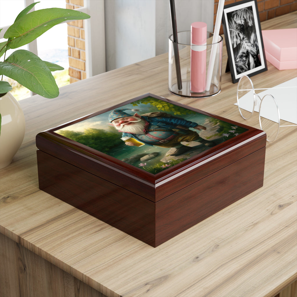 Smiling Gnome At River With Backpack, Beer in Hand Jewelry Box