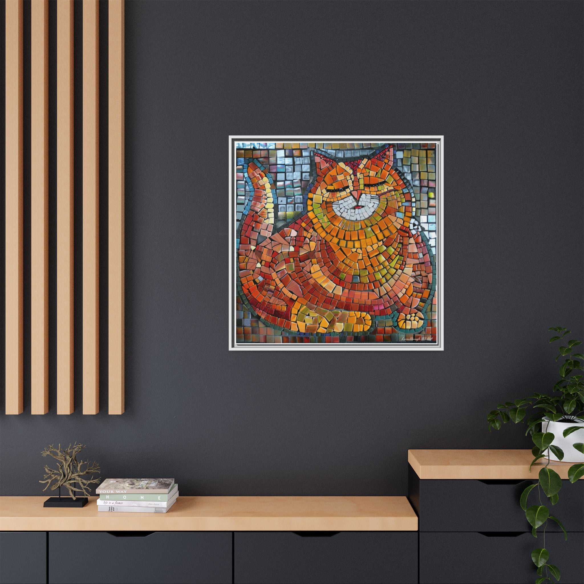 Radiant Whiskers: The Joyful Cat, Framed Mosaic Cat Art Print — Colorful Modern Wall Canvas