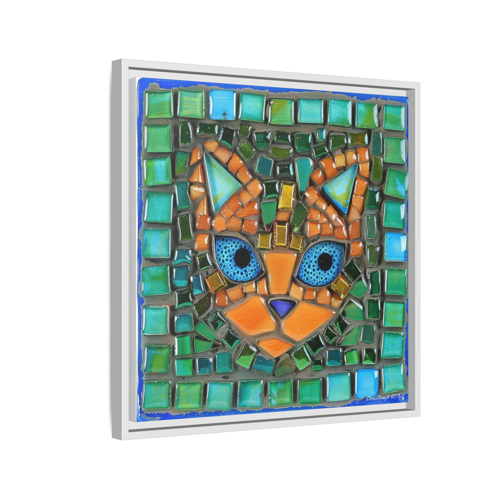 "Emerald Eyes Mosaic Cat", Framed Mosaic Cat Art Print — Colorful Modern Wall Canvas