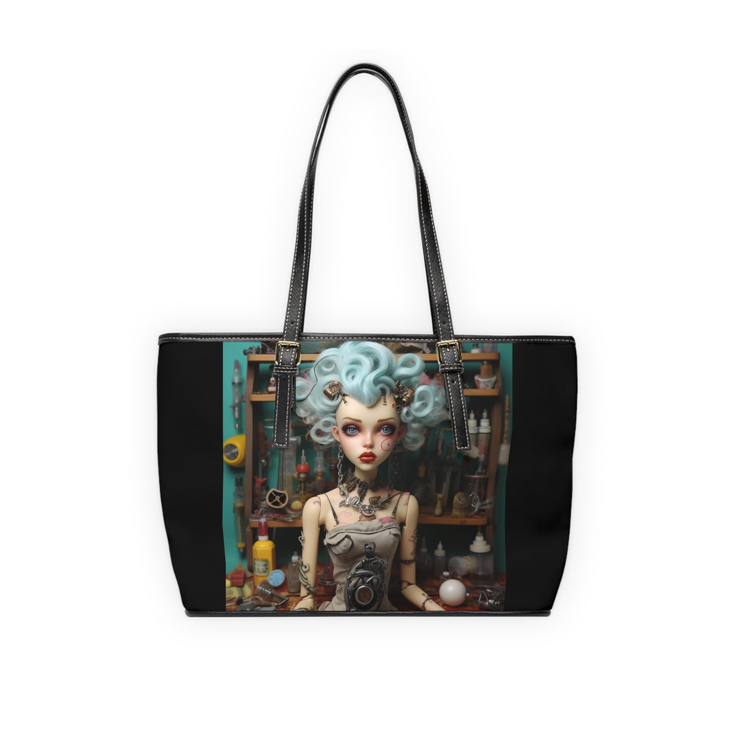 Love My Gismos Blue Hair Black Background, PU Leather Shoulder Bag