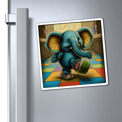 Cute Blue Elephant Kicking Foot On Colorful Checkered Floor Magnets