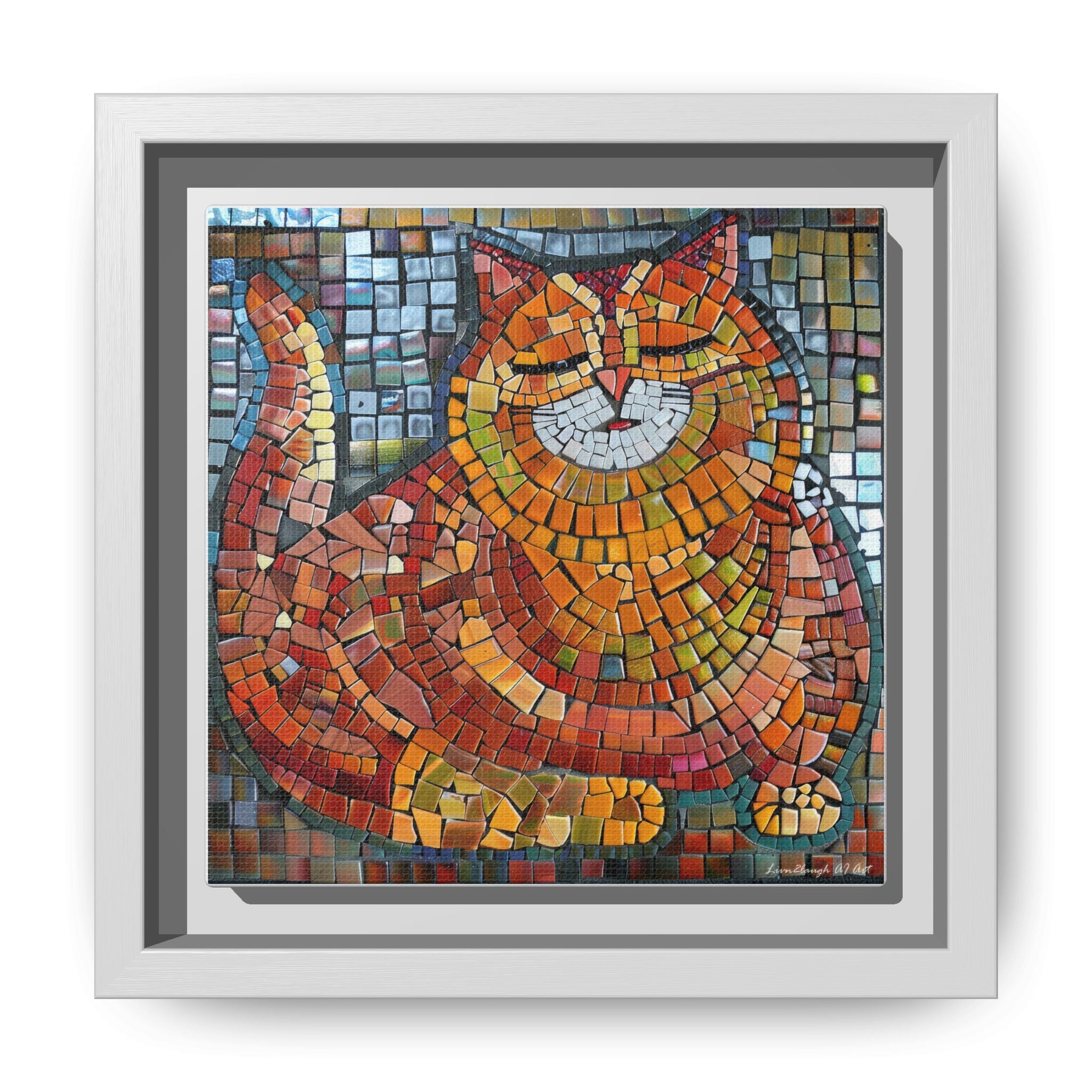 Radiant Whiskers: The Joyful Cat, Framed Mosaic Cat Art Print — Colorful Modern Wall Canvas