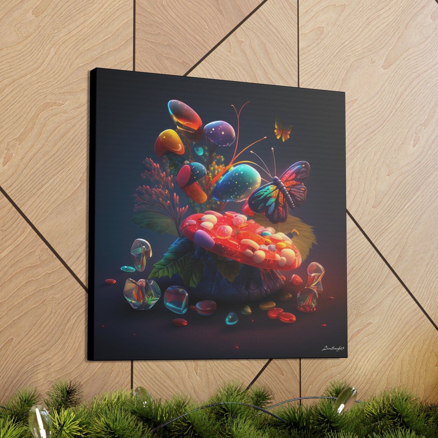 Beautiful Mushroom Luminating Colorful Bliss With Butterflies Canvas Gallery Wraps