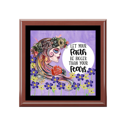 Let faith be Bigger Then Your fears, Beautiful Skull With collage of Flowers Purple Background Jewelry Box