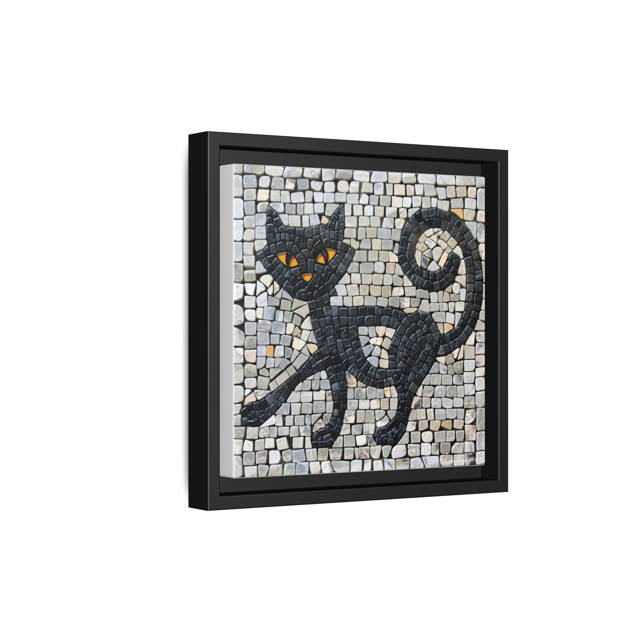 "Curious Black Cat Mosaic", Framed Mosaic Cat Art Print — Colorful Modern Wall Canvas