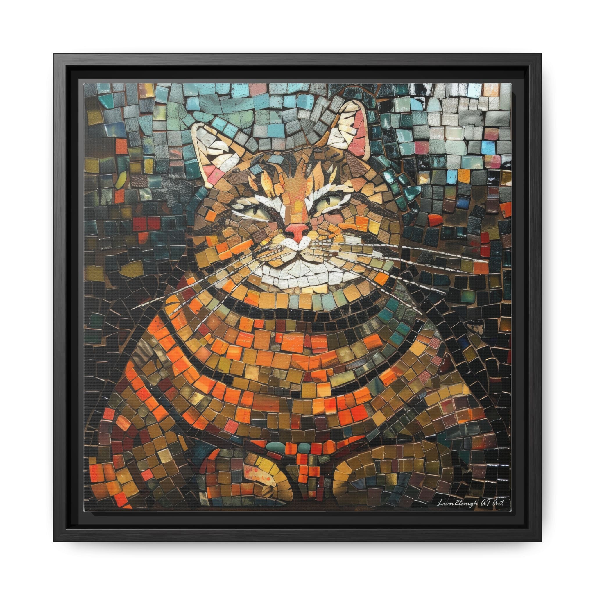 Mosaic Majesty: The Regal Cat, Framed Mosaic Cat Art Print — Colorful Modern Wall Canvas