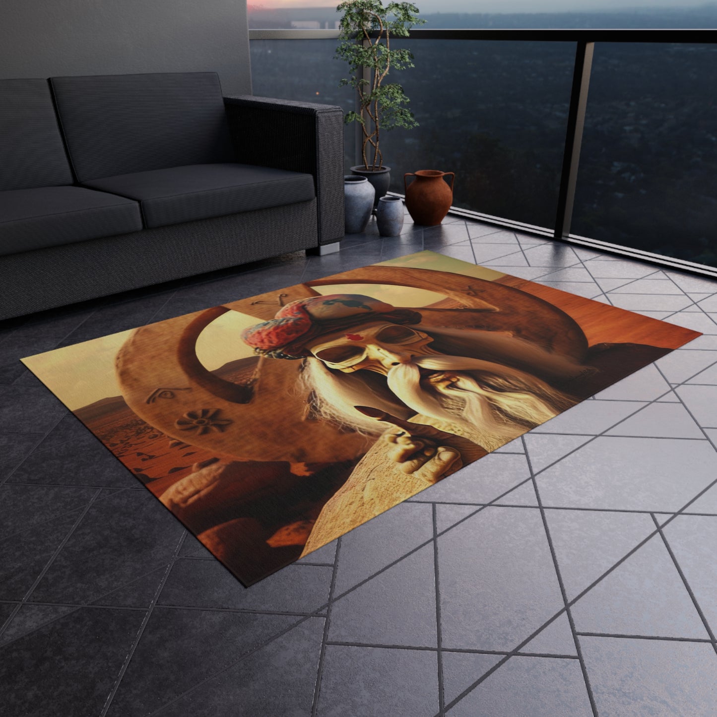 Wise Man In Dessert With Beard And Peace Sign Outdoor Rug