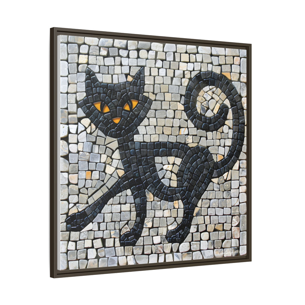 "Curious Black Cat Mosaic", Framed Mosaic Cat Art Print — Colorful Modern Wall Canvas