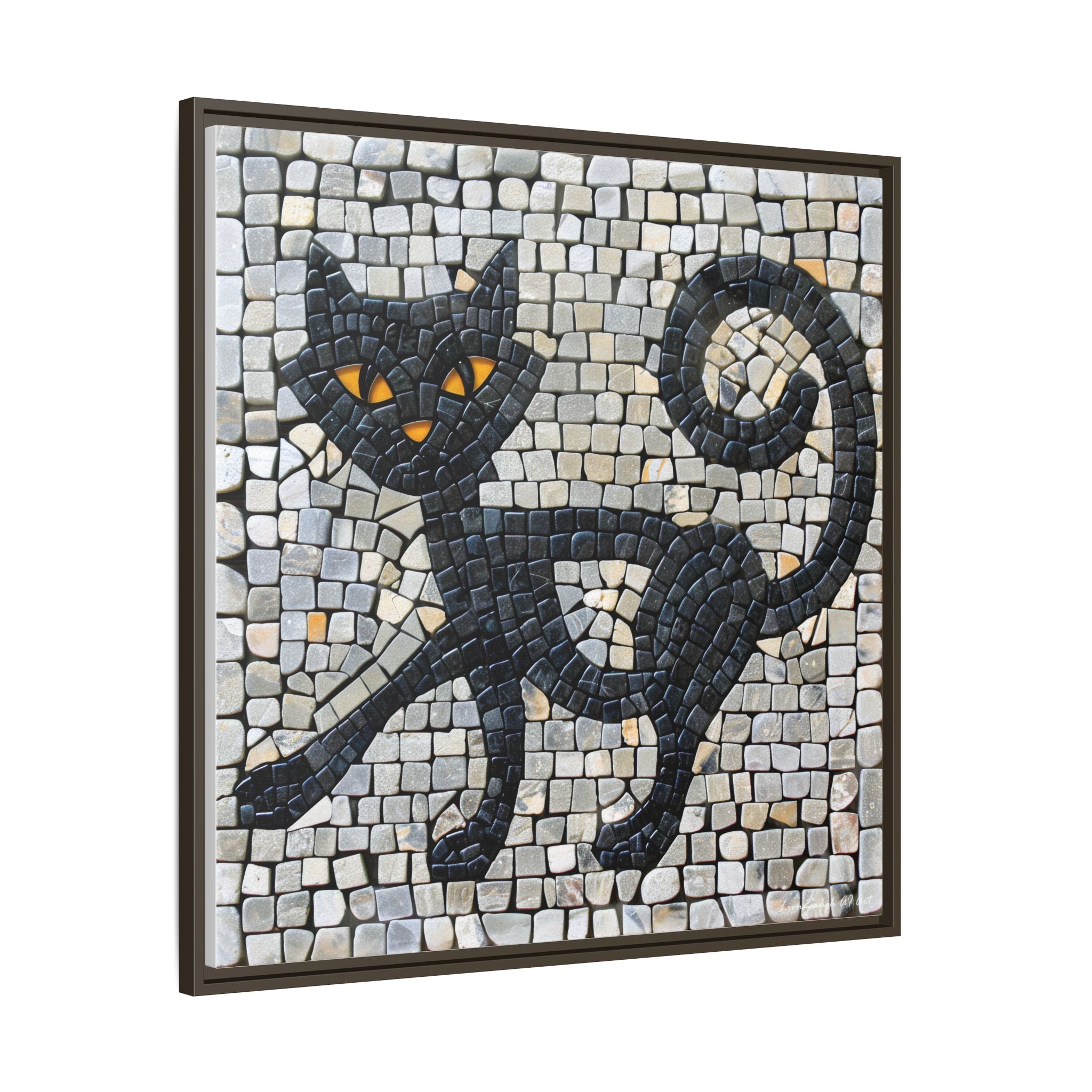 "Curious Black Cat Mosaic", Framed Mosaic Cat Art Print — Colorful Modern Wall Canvas