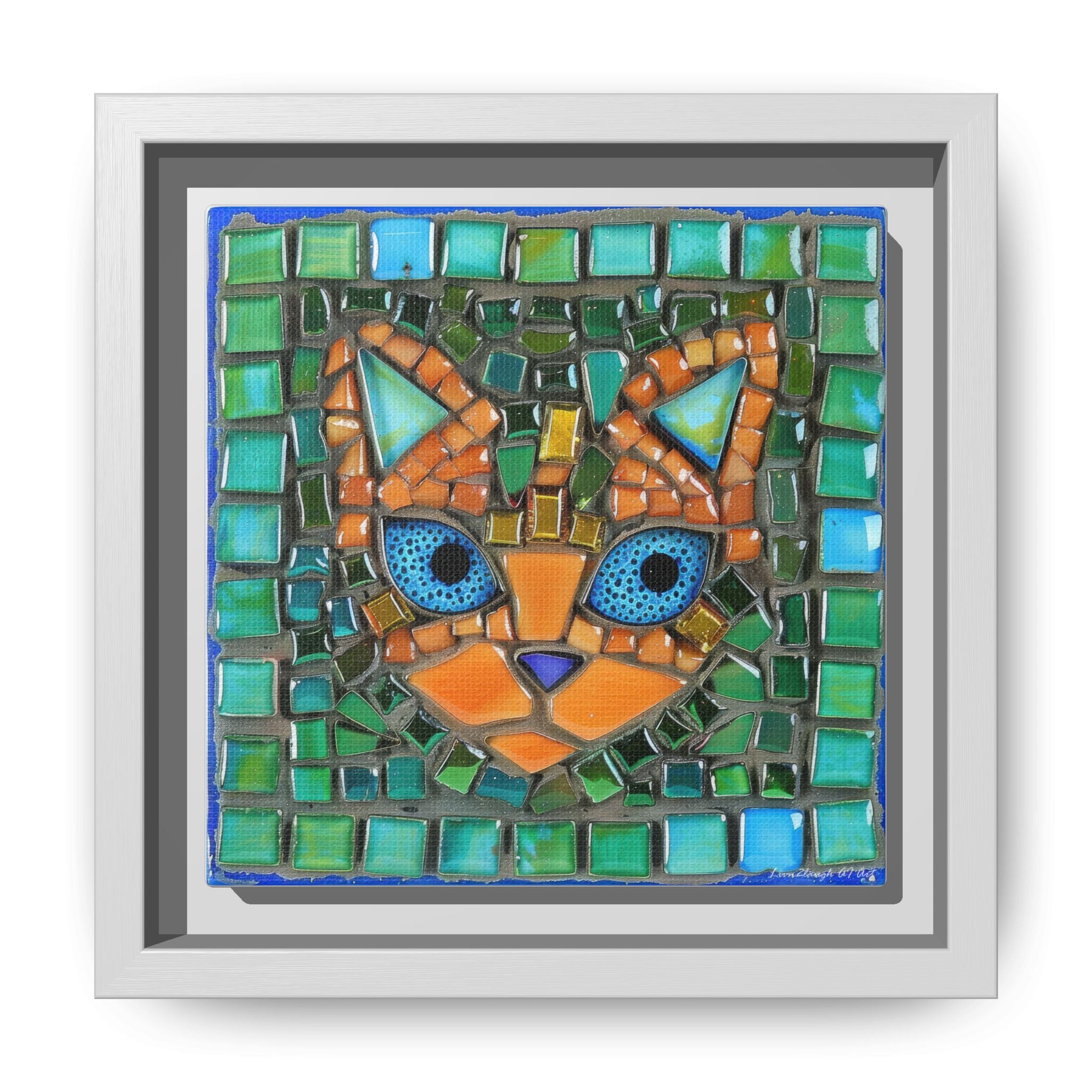 "Emerald Eyes Mosaic Cat", Framed Mosaic Cat Art Print — Colorful Modern Wall Canvas