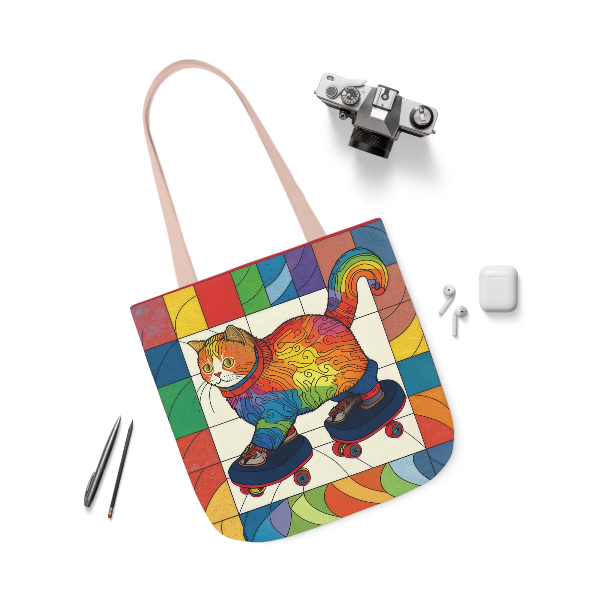 Gorgeous Rainbow Cat Riding A Skate/Skateboard With Rainbow Border Polyester Canvas Tote Bag (AOP)
