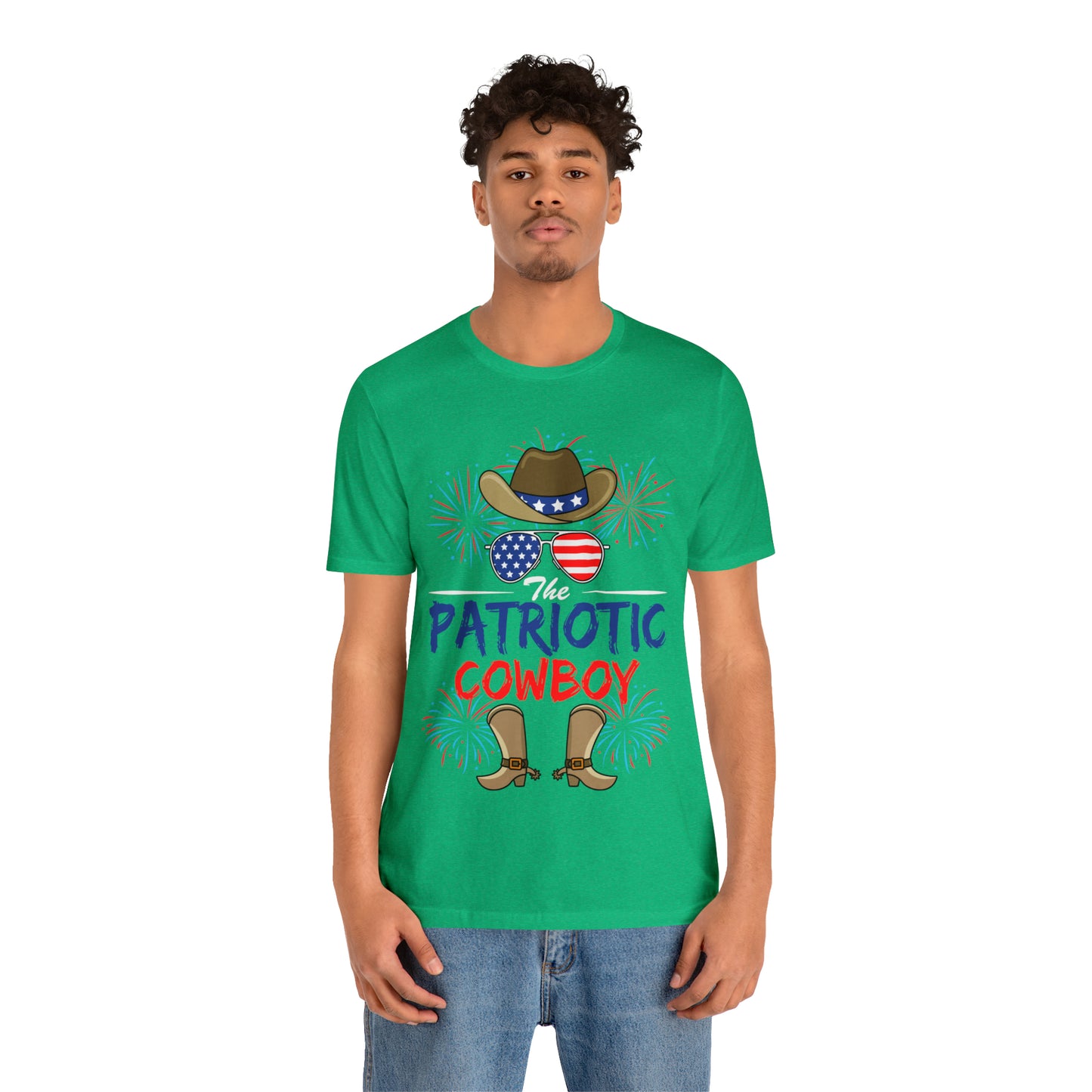 Patriotic Cowboy, American Flag 'Glasses, Cowboy Hat and Boots, Fourth of July 4th Unisex Jersey Short Sleeve Tee