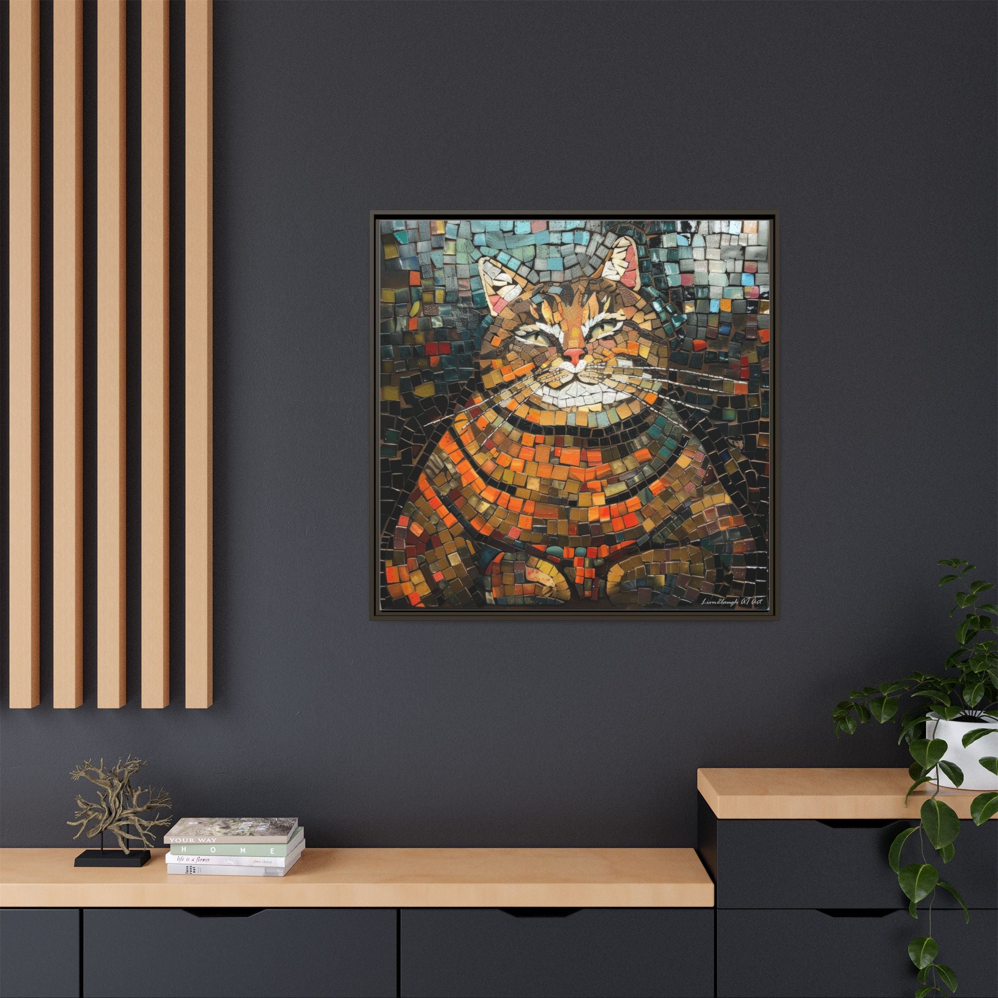 Mosaic Majesty: The Regal Cat, Framed Mosaic Cat Art Print — Colorful Modern Wall Canvas