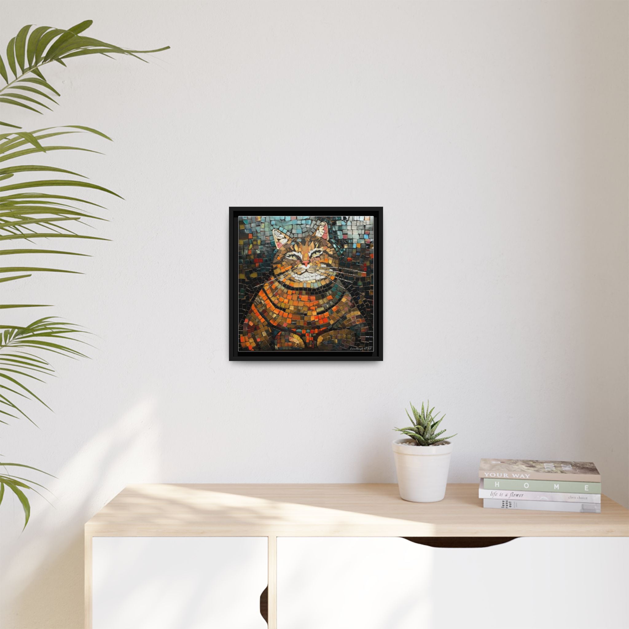 Mosaic Majesty: The Regal Cat, Framed Mosaic Cat Art Print — Colorful Modern Wall Canvas