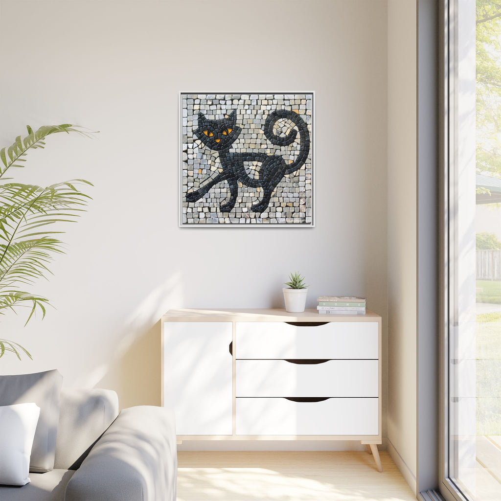 "Curious Black Cat Mosaic", Framed Mosaic Cat Art Print — Colorful Modern Wall Canvas