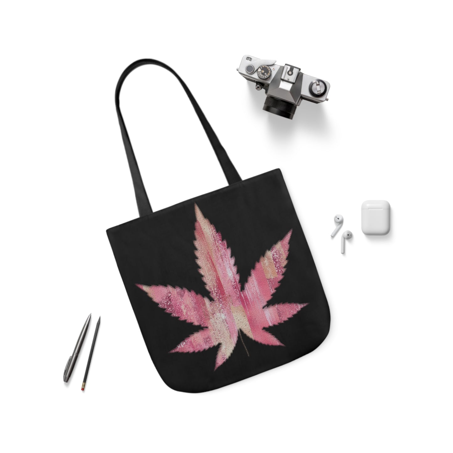 Sassy Single Pink Marijuana 420 Weed Leaf With Black Background Polyester Canvas Tote Bag (AOP)