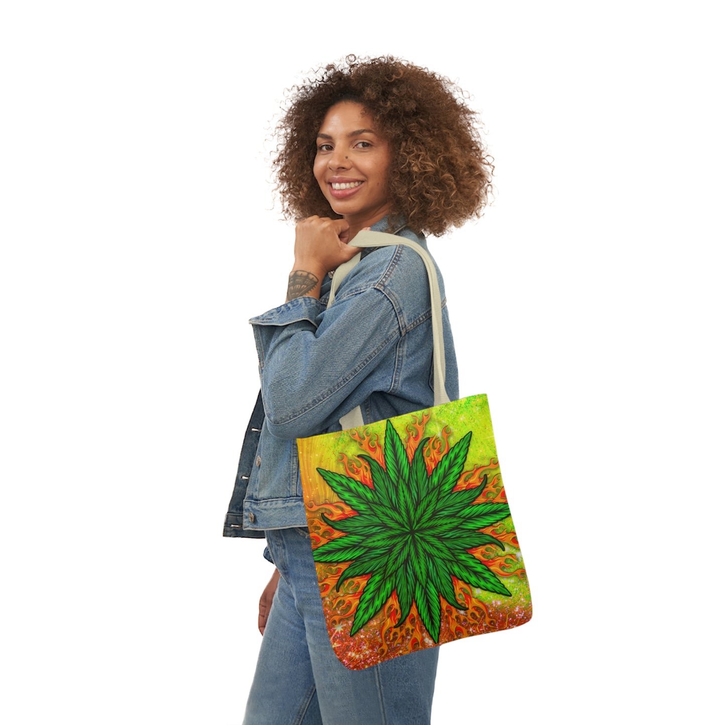 Beautifully Designed Orange, Yellow And Green Marijuana Leave Polyester Canvas Tote Bag (AOP)