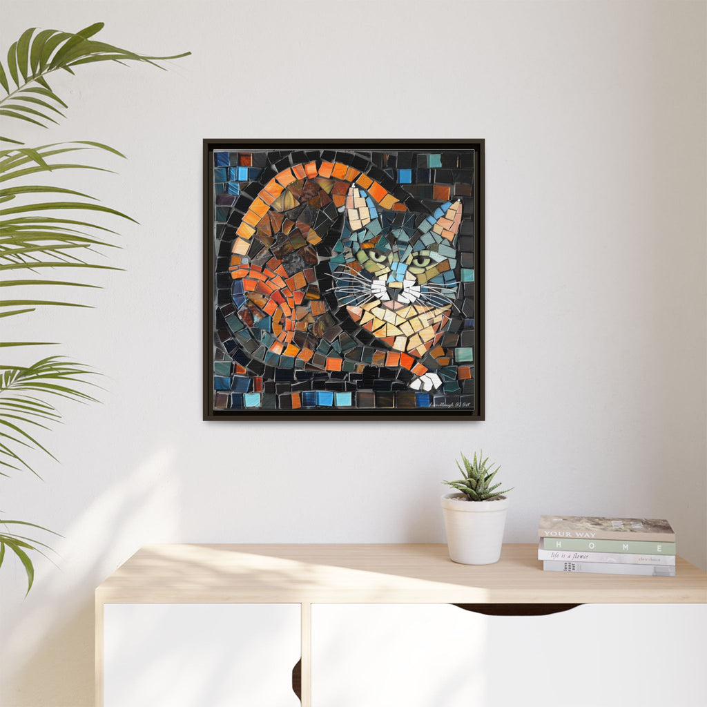 "Bold Mosaic Cat", Framed Mosaic Cat Art Print — Colorful Modern Wall Canvas