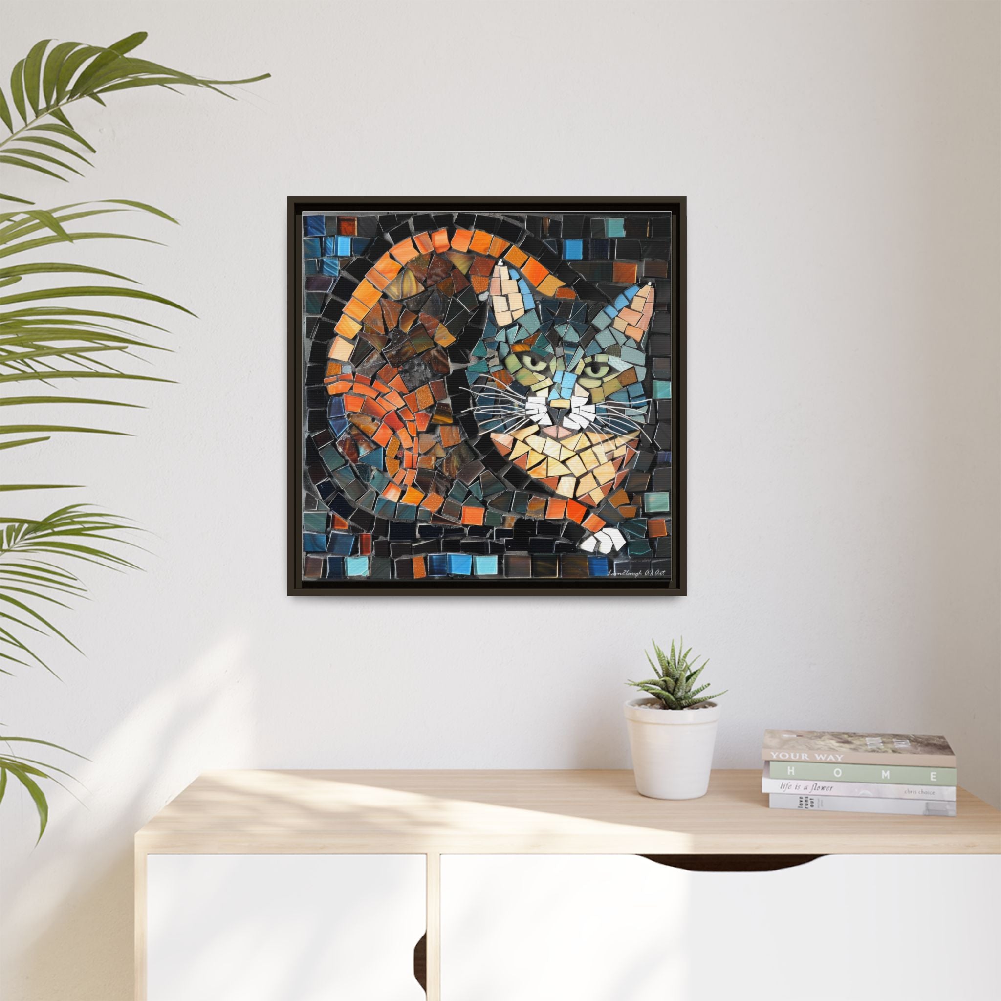 "Bold Mosaic Cat", Framed Mosaic Cat Art Print — Colorful Modern Wall Canvas