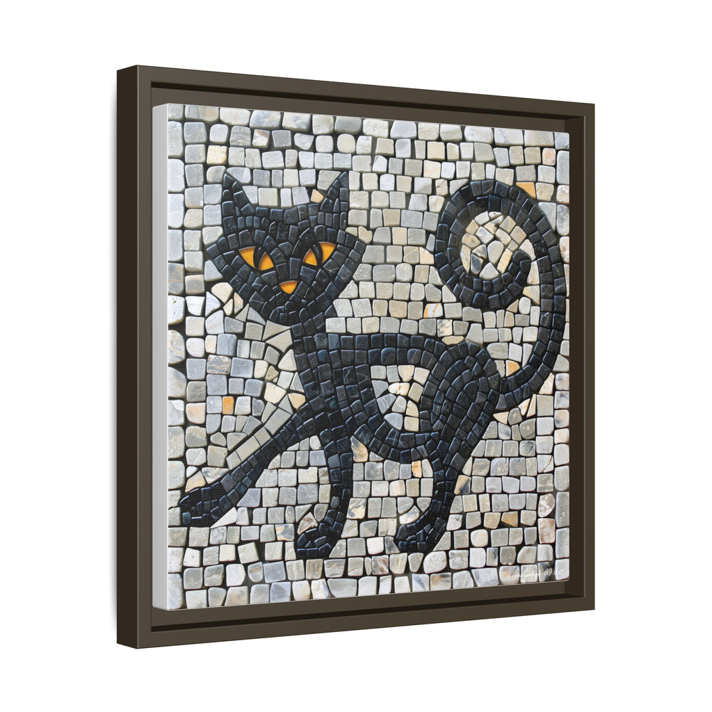 "Curious Black Cat Mosaic", Framed Mosaic Cat Art Print — Colorful Modern Wall Canvas