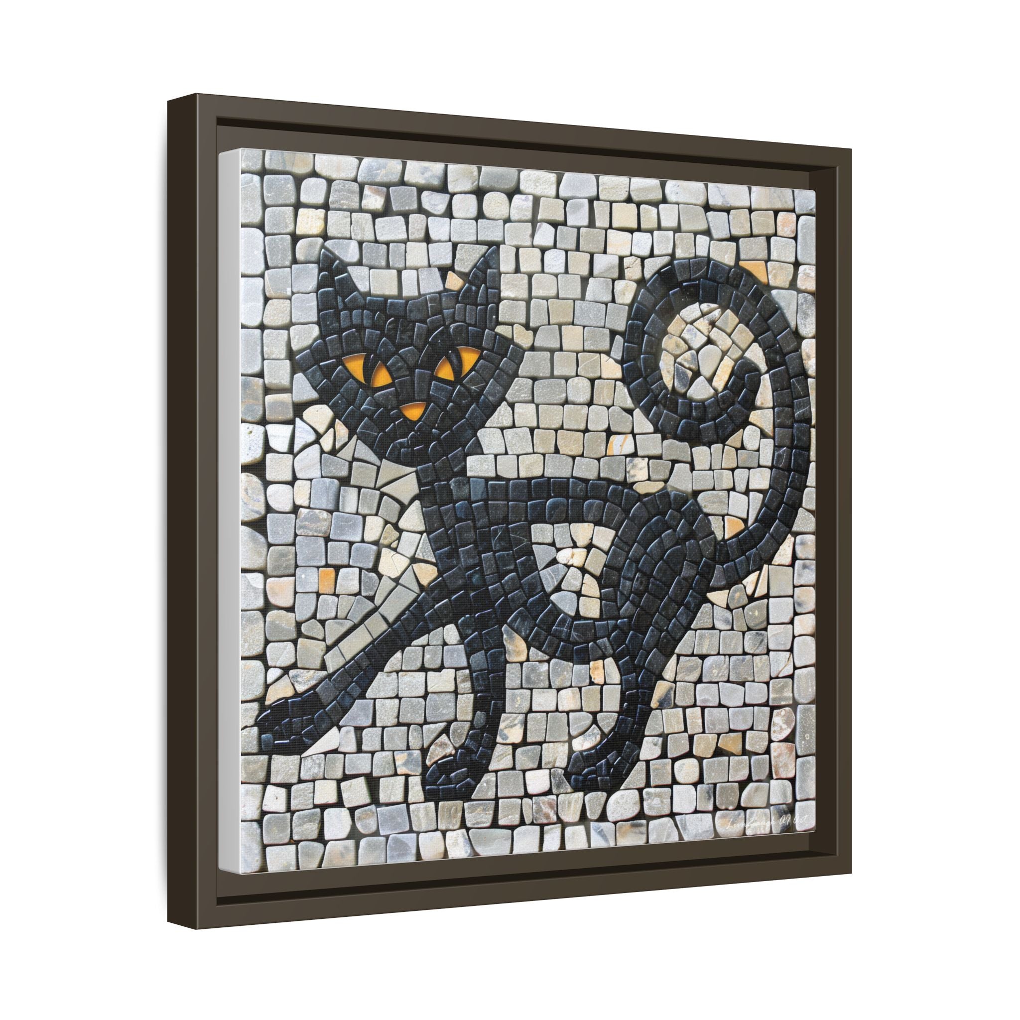 "Curious Black Cat Mosaic", Framed Mosaic Cat Art Print — Colorful Modern Wall Canvas