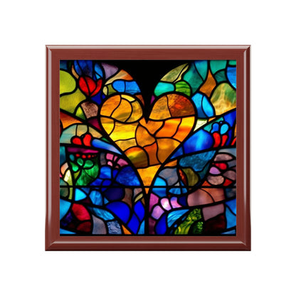 Stained Glass Blue Background Amazing Yellow Heart Jewelry Box