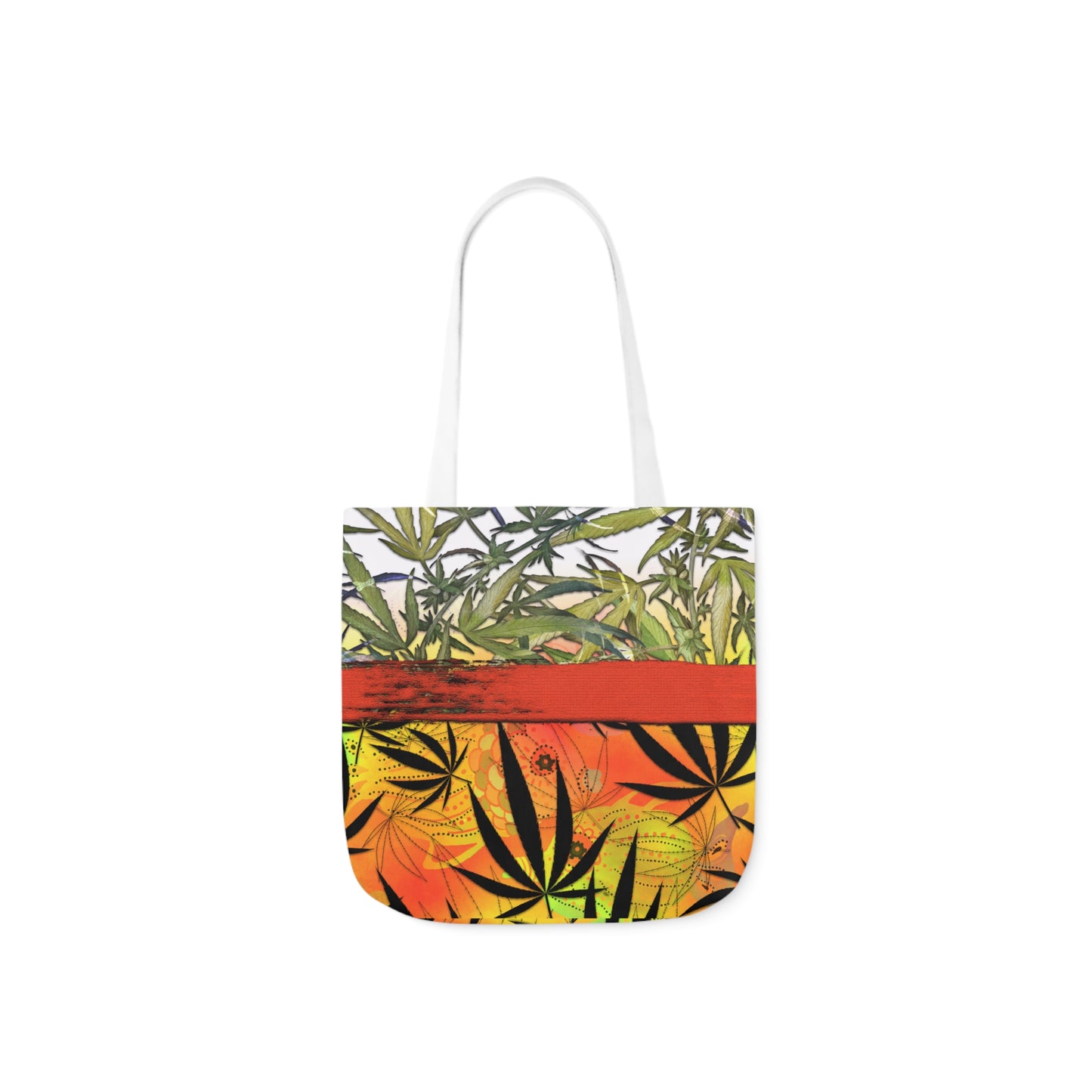 Beautiful Redish Orange Banded Marijuana 420 Pot Weed Leaf Polyester Canvas Tote Bag (AOP)