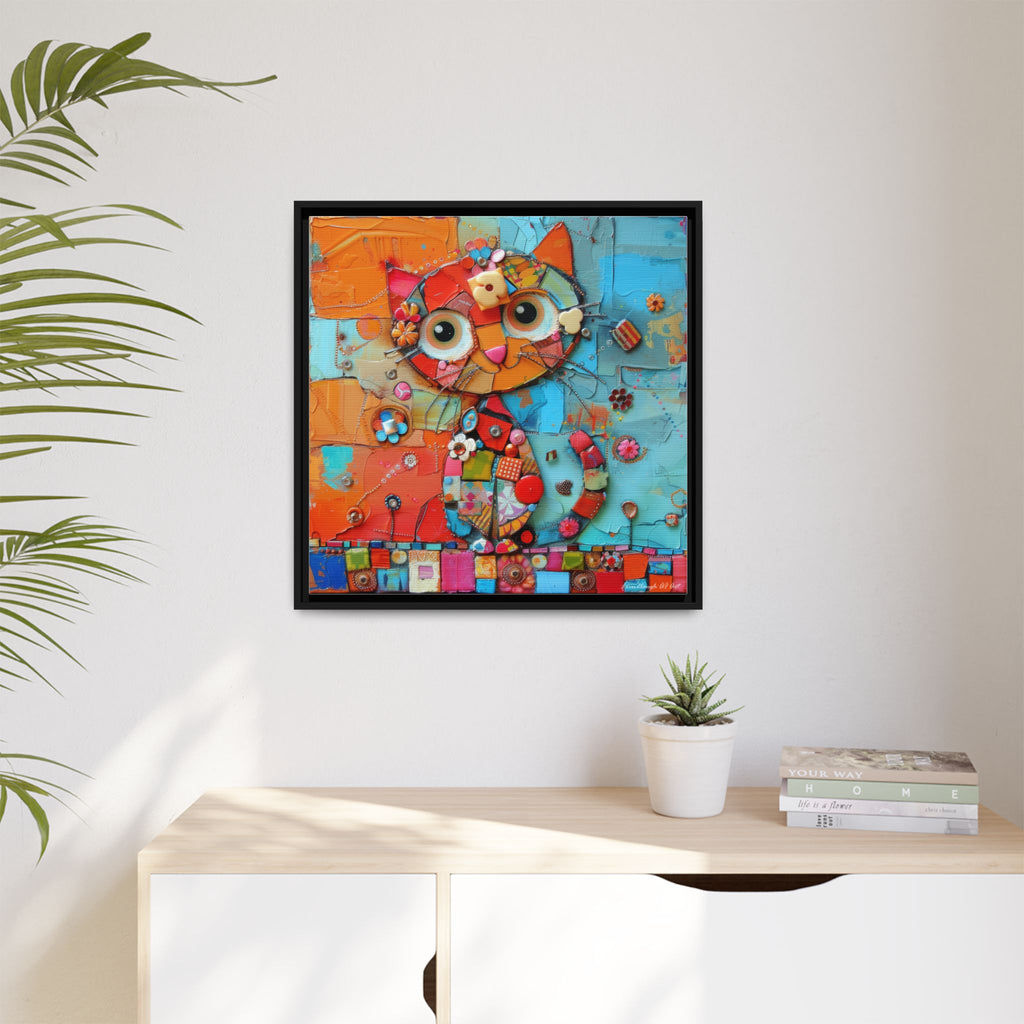 "Whimsical Mosaic Cat", Framed Mosaic Cat Art Print — Colorful Modern Wall Canvas