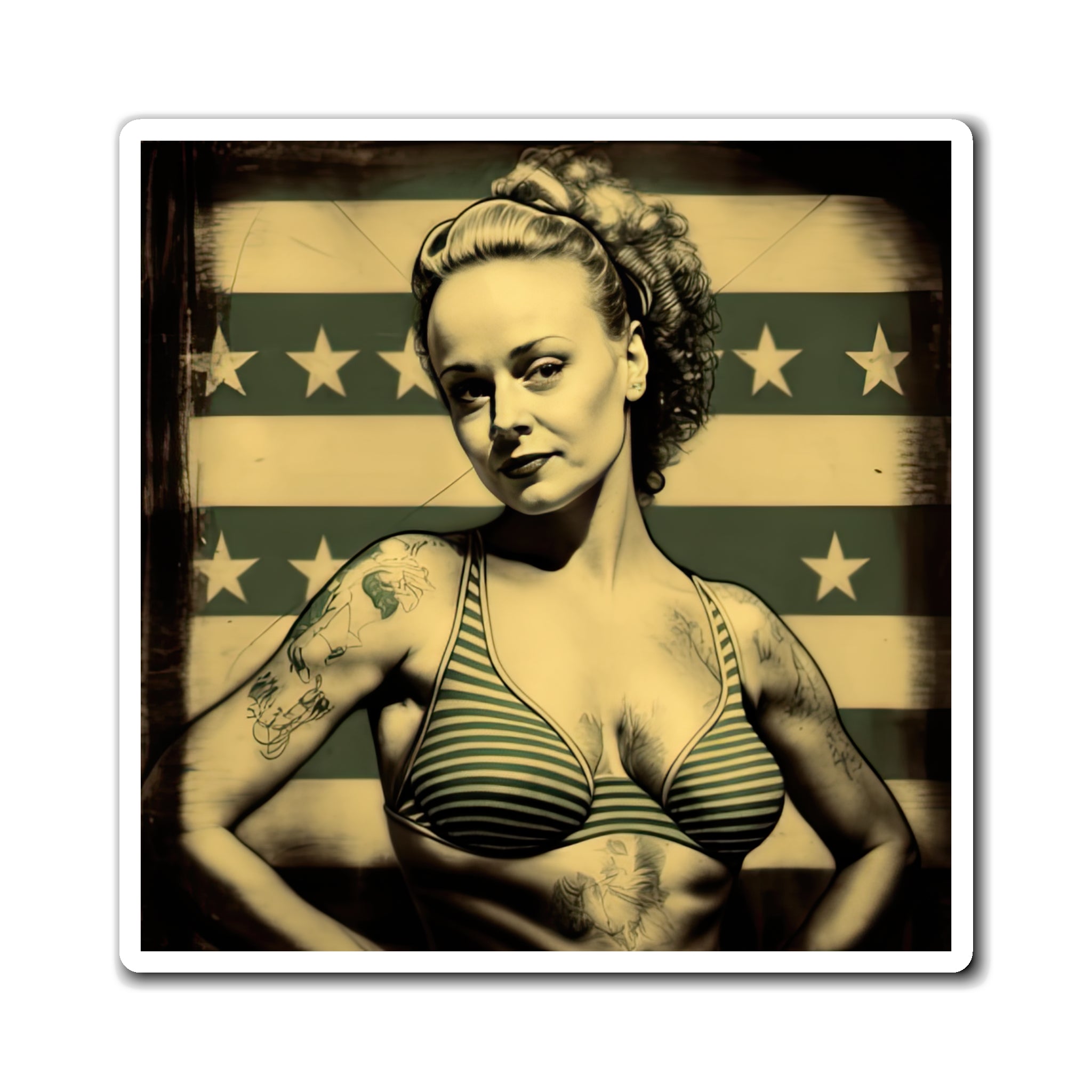 Retro Tattooed Pinup Blue, Red And White Star Magnet Style Ten