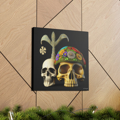 Double Skull With Yellow White Purple Flowers Canvas Gallery Wraps