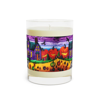 Purple- Orange Halloween, Fall Time Black Cat With Pumpkins And Purple House, Scented Candle - Full Glass, 11oz