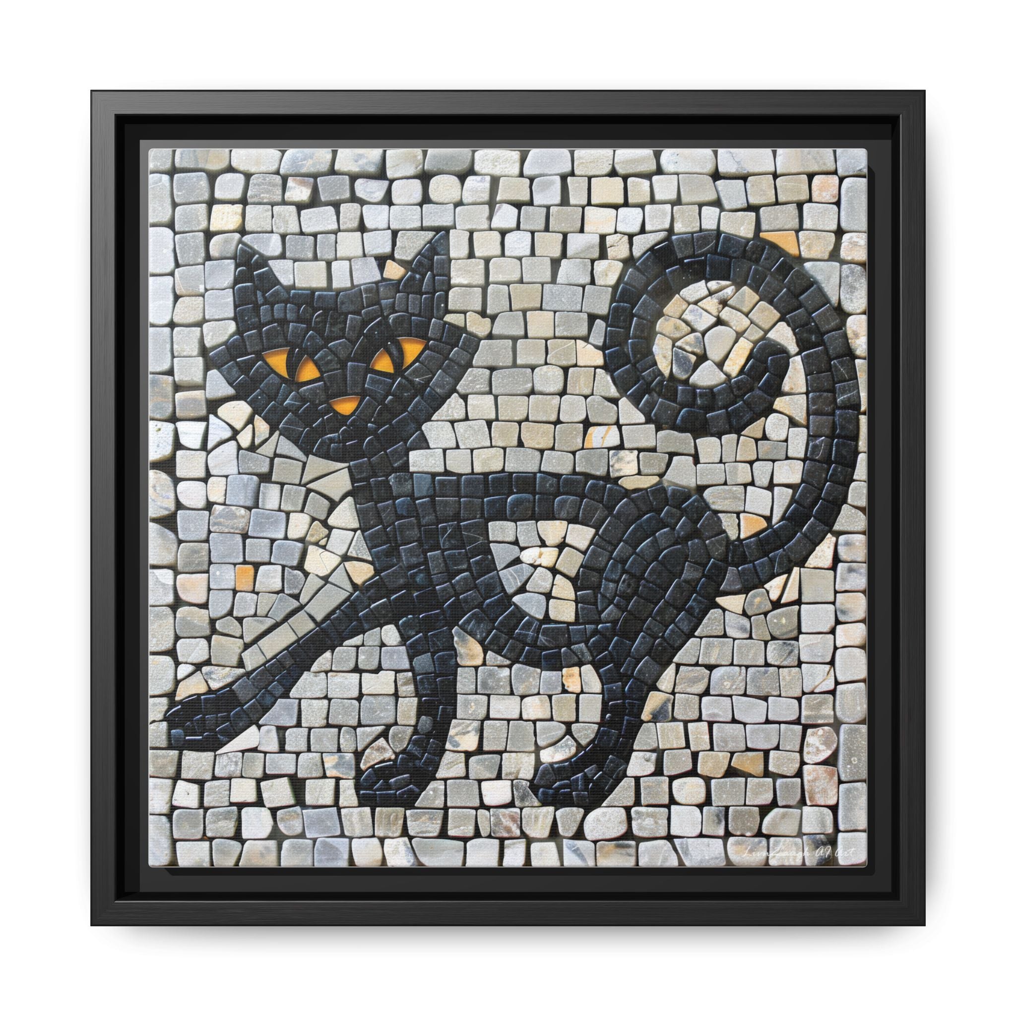 "Curious Black Cat Mosaic", Framed Mosaic Cat Art Print — Colorful Modern Wall Canvas