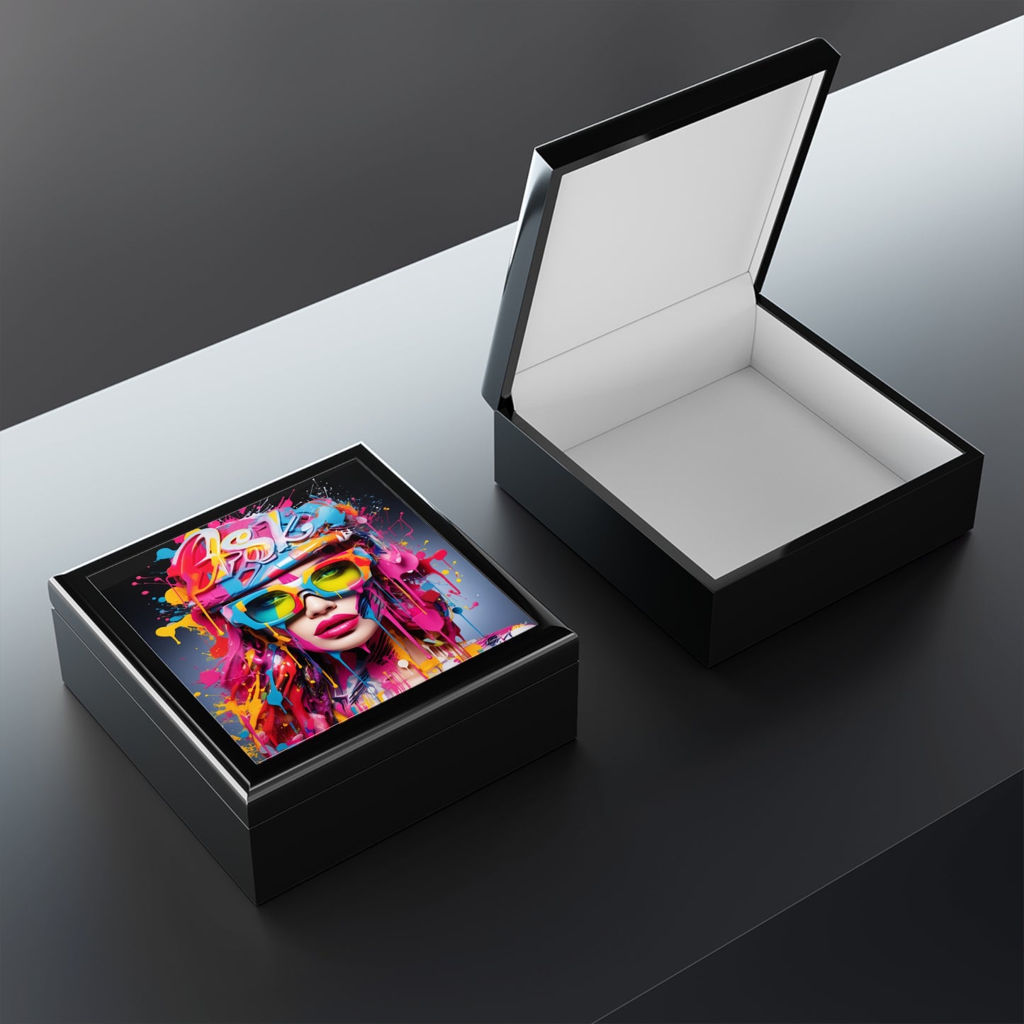 Colorful Blast, Blue Background, Black or Brown Jewelry Box