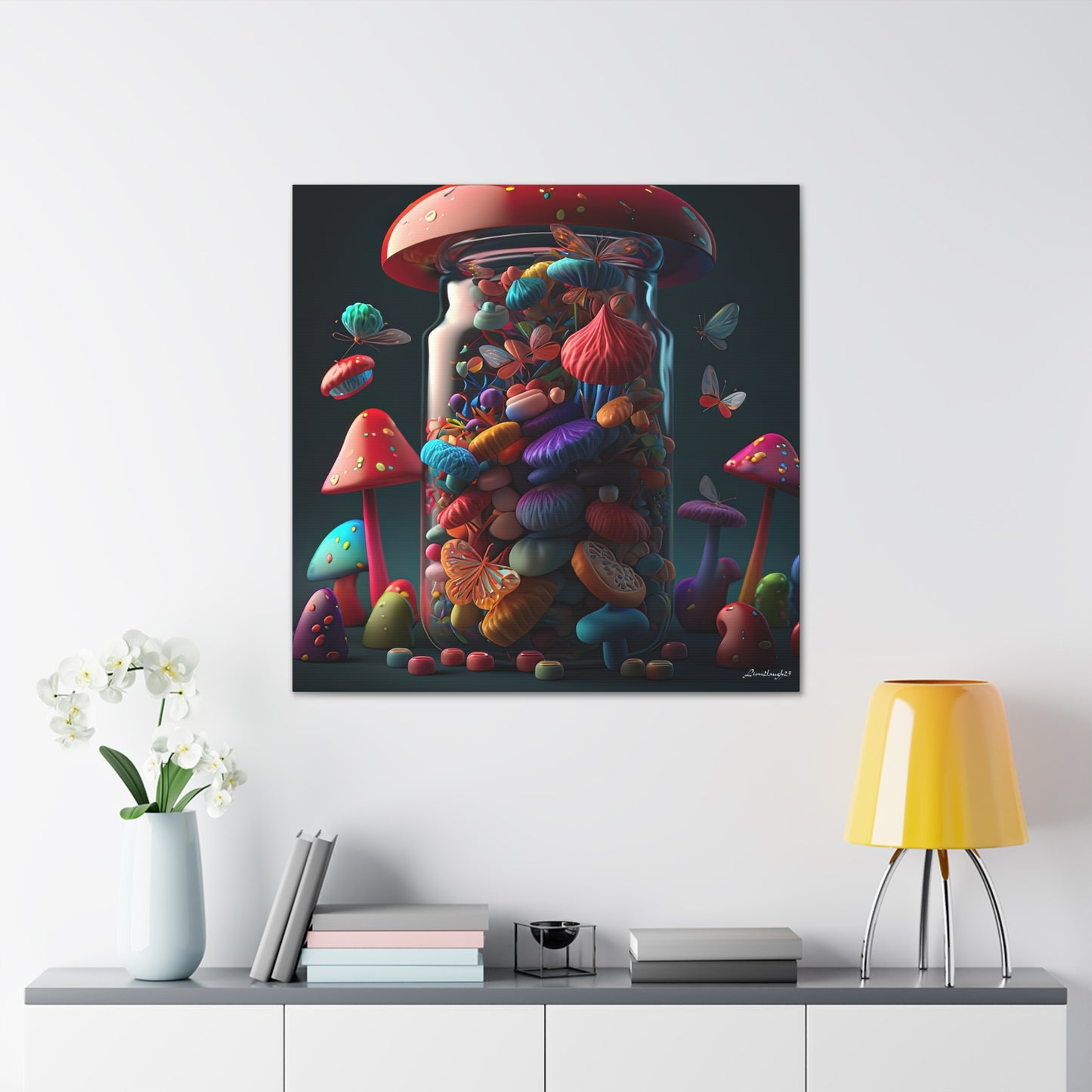 Beautiful Mushroom Luminating Colorful Bliss With Butterflies 2 Canvas Gallery Wraps