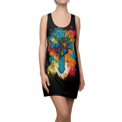 Bold And Beautiful Tie Dye Cross And Butterflies Front Style Four On Back Women's Cut & Sew Racerback Dress (AOP)