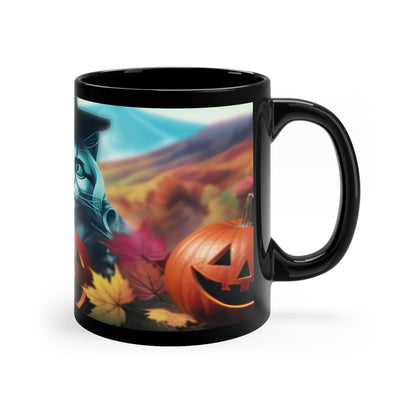 Fall Time White Cat With Black Hat, Fall Leaves And Halloween Pumpkins 11oz Black Mug