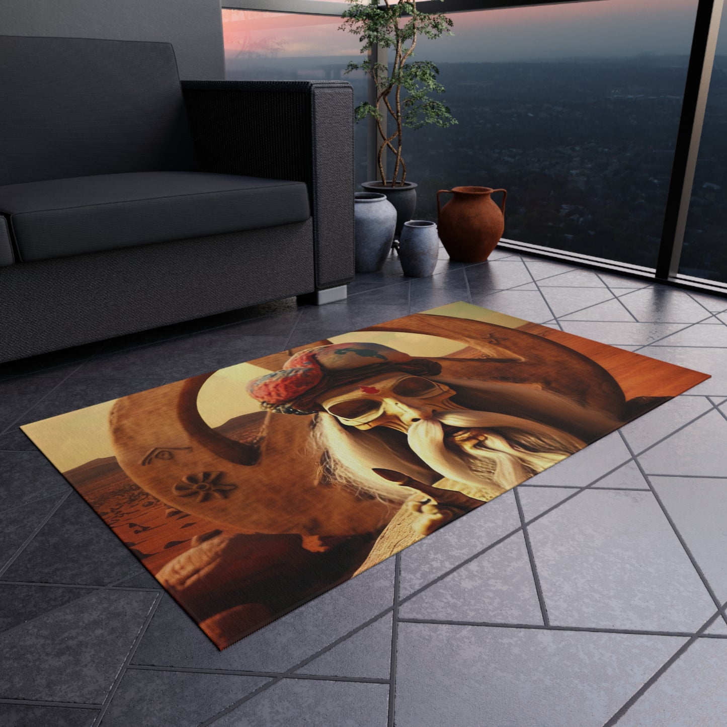 Wise Man In Dessert With Beard And Peace Sign Outdoor Rug