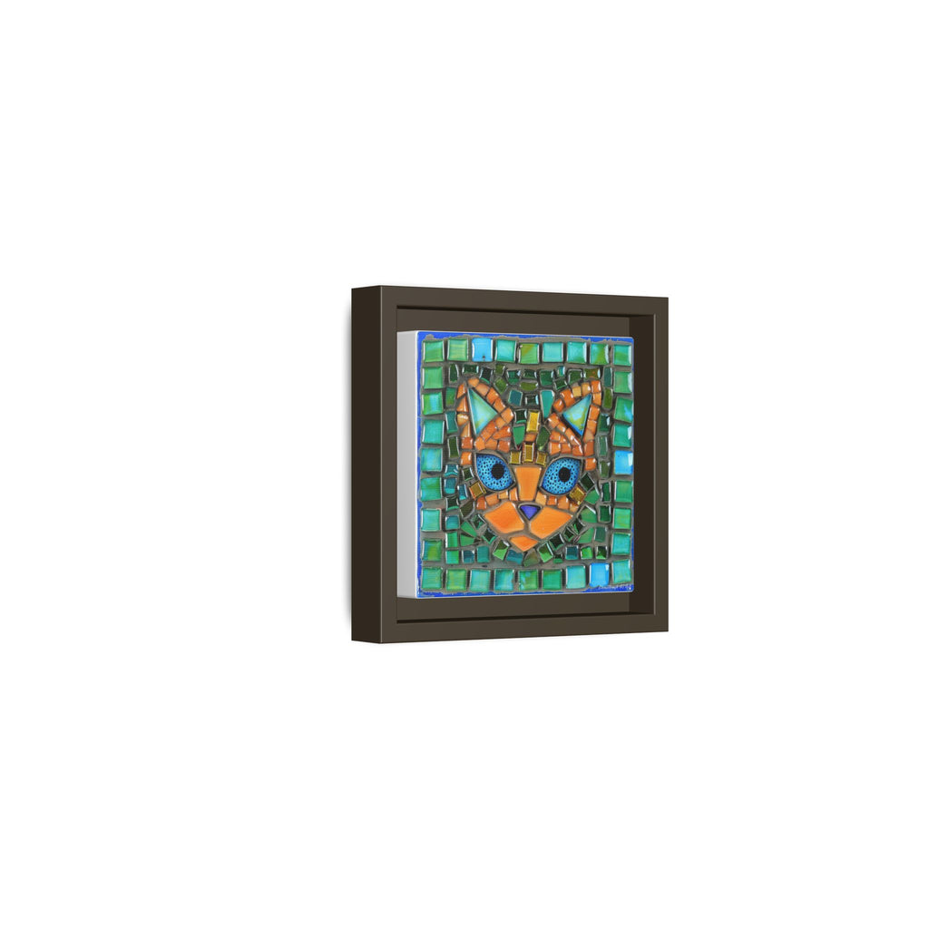 "Emerald Eyes Mosaic Cat", Framed Mosaic Cat Art Print — Colorful Modern Wall Canvas
