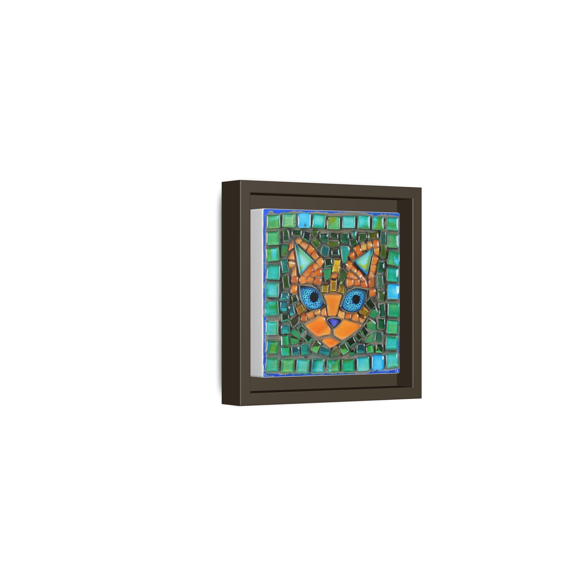"Emerald Eyes Mosaic Cat", Framed Mosaic Cat Art Print — Colorful Modern Wall Canvas