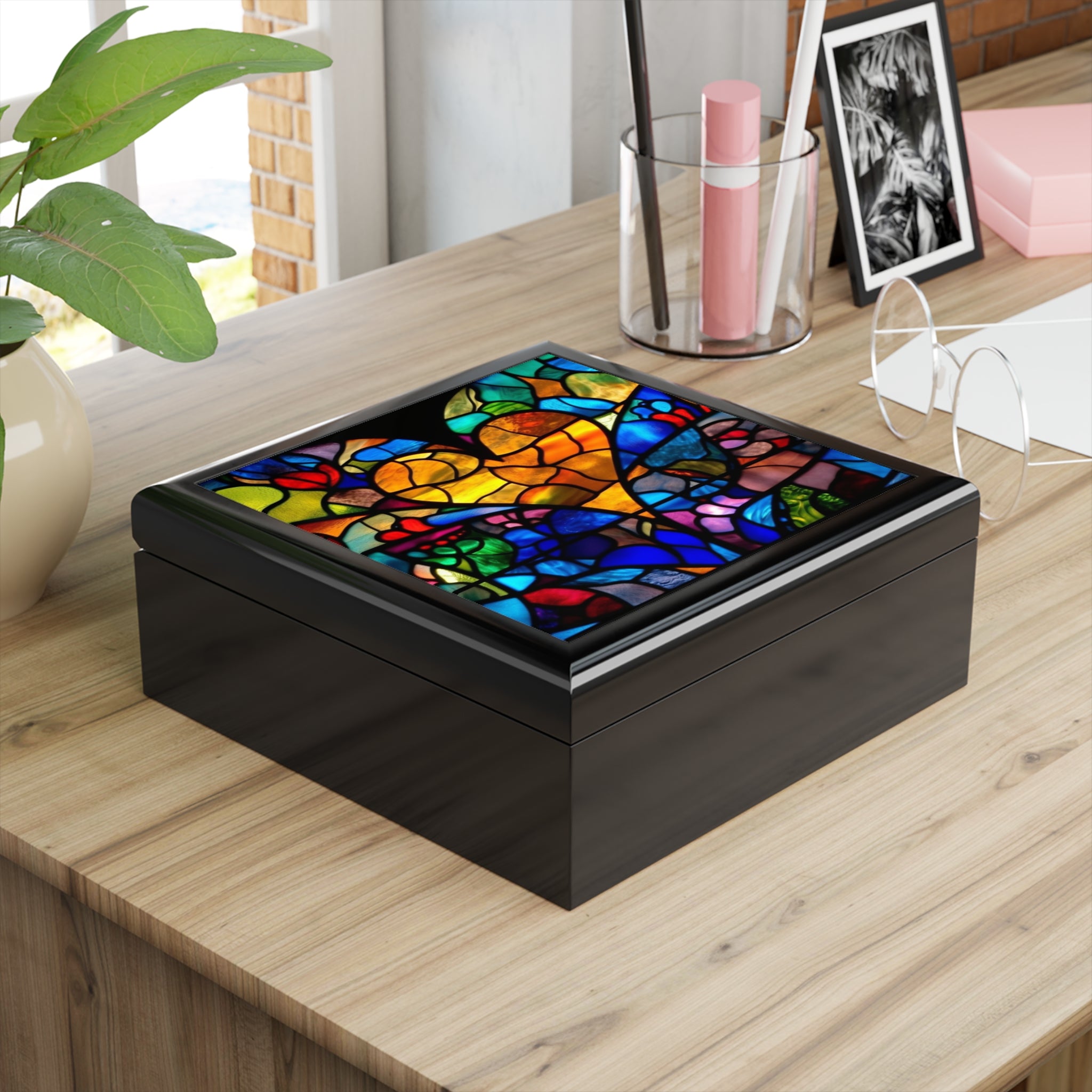 Stained Glass Blue Background Amazing Yellow Heart Jewelry Box